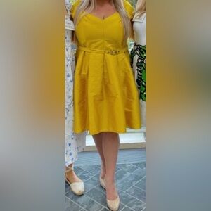 Citron off-the-shoulder taffeta cocktail dress with belt